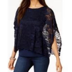 Navy lace overlay poncho style shirt JM Collection